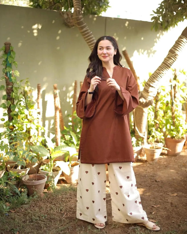 Brown V-Neck Cotton Set with Heart Embroidery – Women's Stylish & Comfortable 2-Piece Outfit