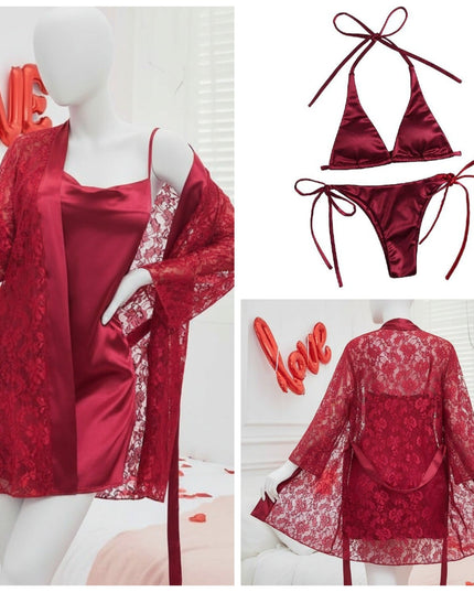 4 Piece Women’s Transparent Net Gown Set – Soft Lace Robe with Silk Inner, Bra & Panty | Free Size - Up to 38 Chest | DC-4052 (Black)