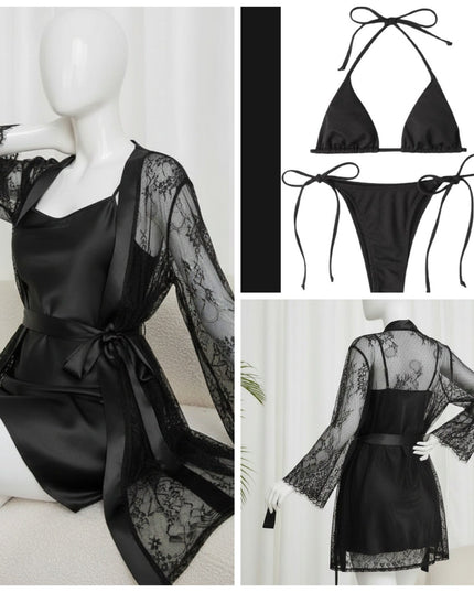 4 Piece Women’s Transparent Net Gown Set – Soft Lace Robe with Silk Inner, Bra & Panty | Free Size - Up to 38 Chest | DC-4052 (Black)
