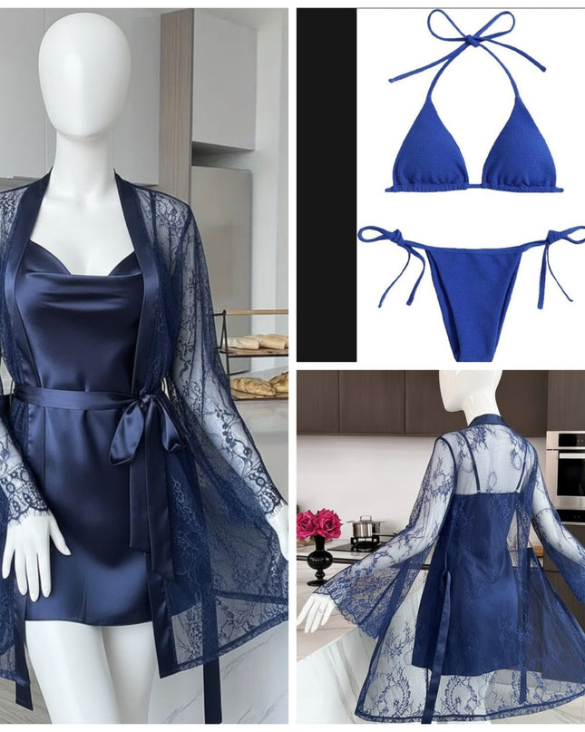 4 Piece Women’s Transparent Net Gown Set – Soft Lace Robe with Silk Inner, Bra & Panty | Free Size - Up to 38 Chest | DC-4052 (Black)