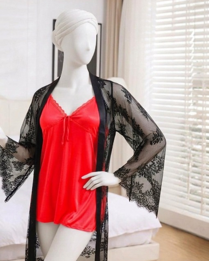 2-Piece Women's Sleepwear Set – Camisole, Shorts & Lace Gown Soft Satin Nightwear Free Size