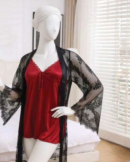 2-Piece Women's Sleepwear Set – Camisole, Shorts & Lace Gown Soft Satin Nightwear Free Size
