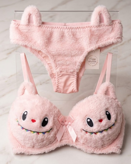 2 PCs Labubu Style Cute Double Padded Bra & Panty Set for Women – Soft Wool Material, Comfortable Lingerie Set