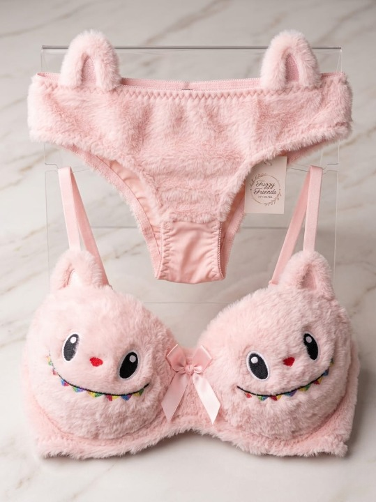 2 PCs Labubu Style Cute Double Padded Bra & Panty Set for Women – Soft Wool Material, Comfortable Lingerie Set