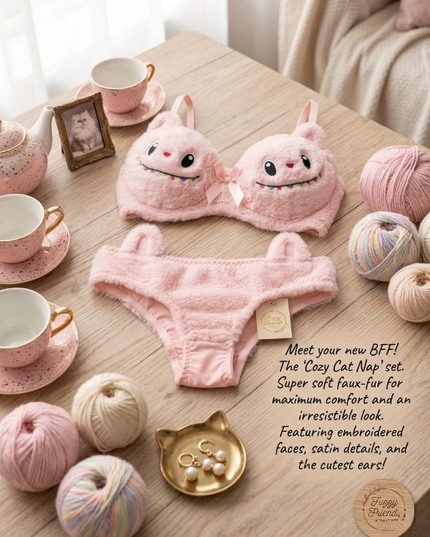 2 PCs Labubu Style Cute Double Padded Bra & Panty Set for Women – Soft Wool Material, Comfortable Lingerie Set