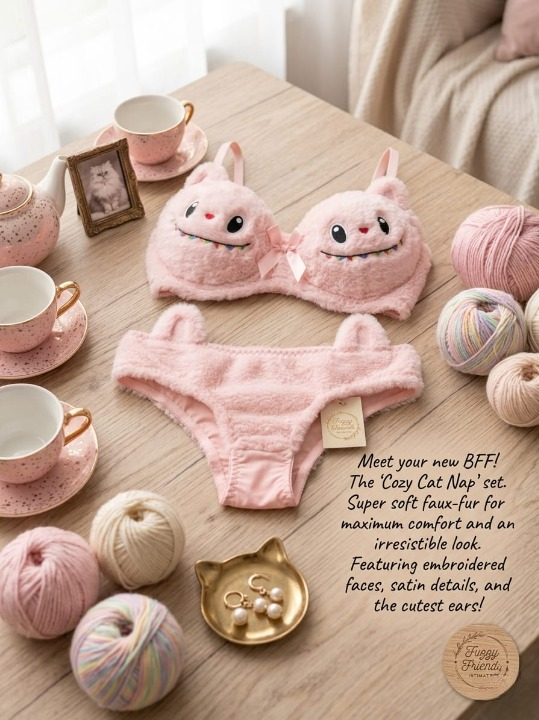 2 PCs Labubu Style Cute Double Padded Bra & Panty Set for Women – Soft Wool Material, Comfortable Lingerie Set