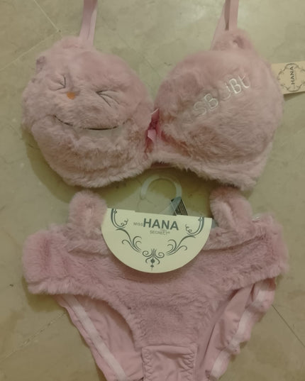 Cute Fur Style Double Padded Woolen Bikini Set – Soft Pink Plush Bra & Panty Lingerie Set