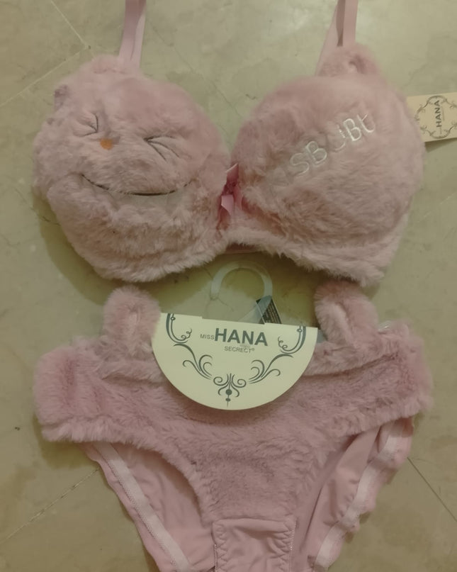 Cute Fur Style Double Padded Woolen Bikini Set – Soft Pink Plush Bra & Panty Lingerie Set