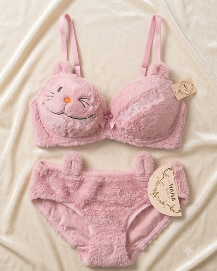 Cute Fur Style Double Padded Woolen Bikini Set – Soft Pink Plush Bra & Panty Lingerie Set