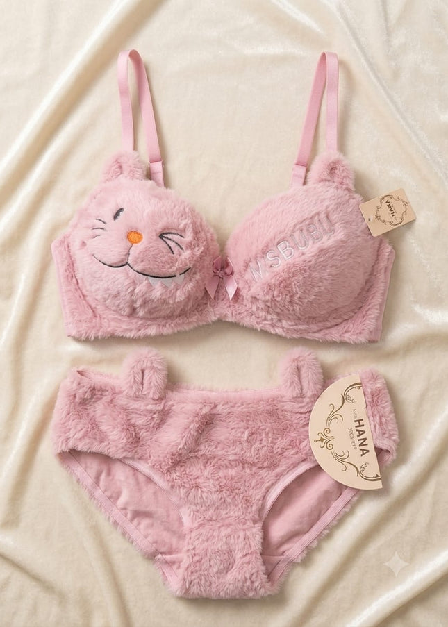 Cute Fur Style Double Padded Woolen Bikini Set – Soft Pink Plush Bra & Panty Lingerie Set