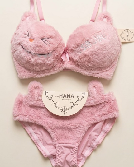 Cute Fur Style Double Padded Woolen Bikini Set – Soft Pink Plush Bra & Panty Lingerie Set