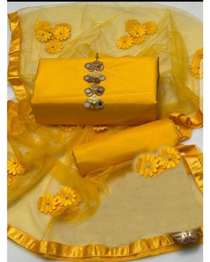 Premium Katan Silk Unstitched 3 Piece Suit With Net Dupatta For Women
