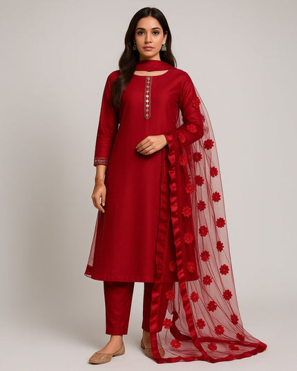 Premium Katan Silk Unstitched 3 Piece Suit With Net Dupatta For Women