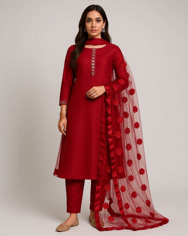 Premium Katan Silk Unstitched 3 Piece Suit With Net Dupatta For Women