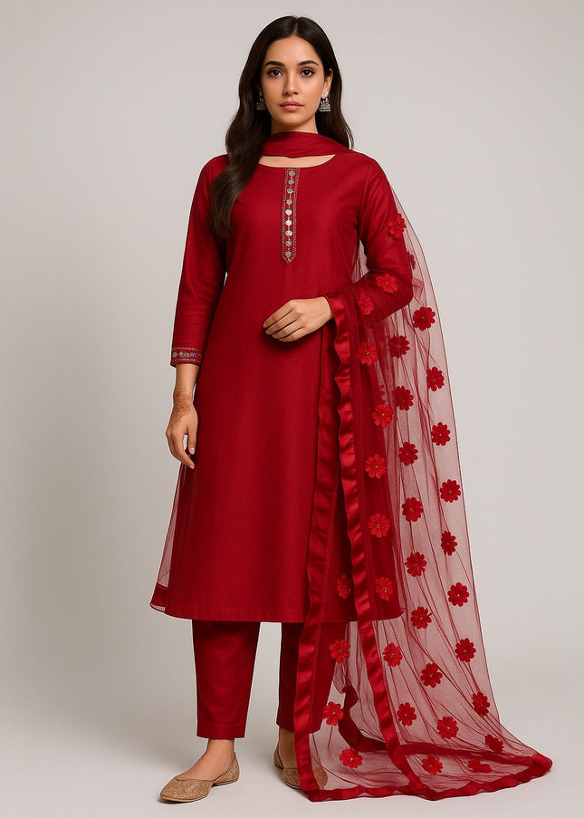 Premium Katan Silk Unstitched 3 Piece Suit With Net Dupatta For Women