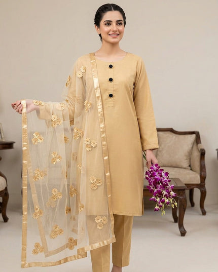 Premium Katan Silk Unstitched 3 Piece Suit With Net Dupatta For Women