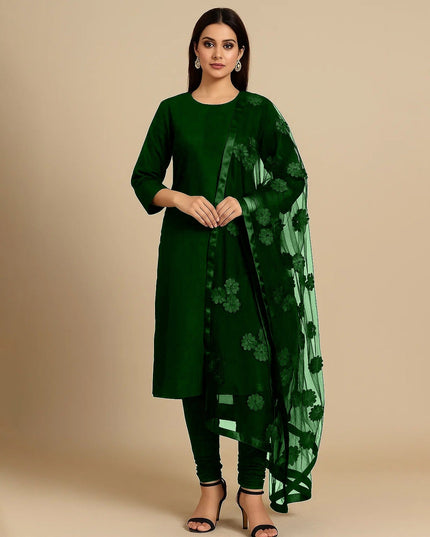 Premium Katan Silk Unstitched 3 Piece Suit With Net Dupatta For Women