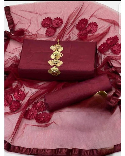 Premium Katan Silk Unstitched 3 Piece Suit With Net Dupatta For Women