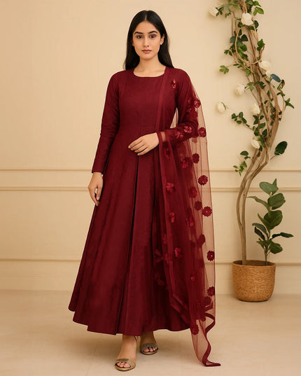 Premium Katan Silk Unstitched 3 Piece Suit With Net Dupatta For Women