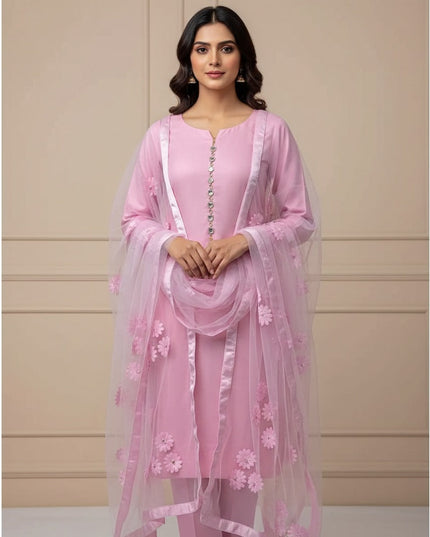 Premium Katan Silk Unstitched 3 Piece Suit With Net Dupatta For Women