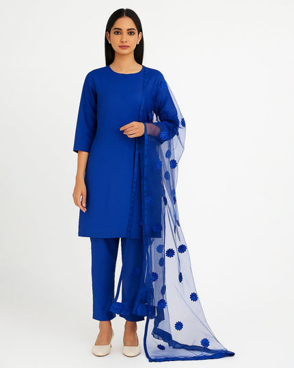 Premium Katan Silk Unstitched 3 Piece Suit With Net Dupatta For Women