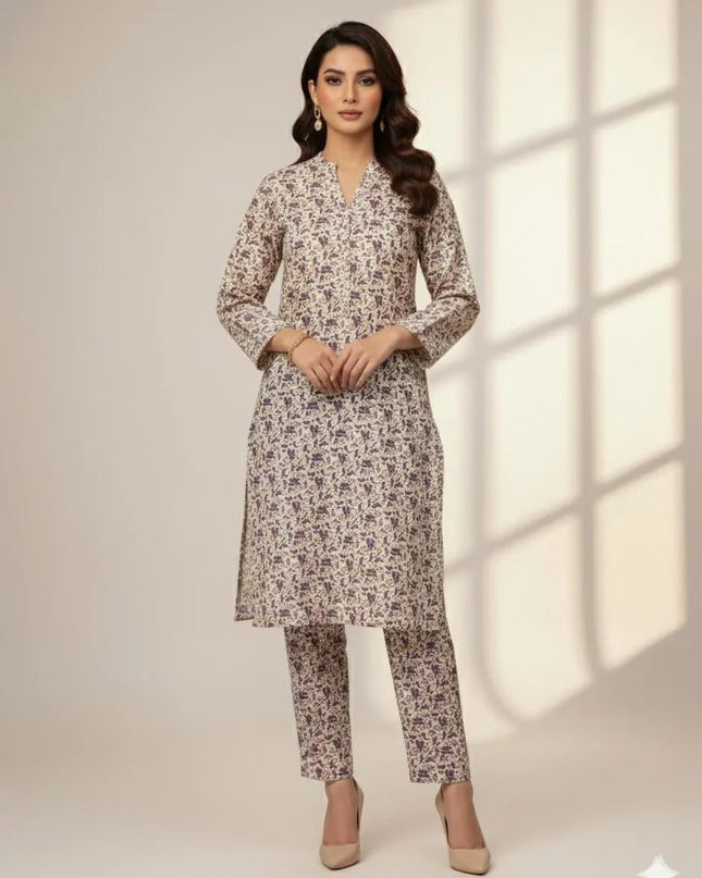 2-Pcs Katan Silk Unstitched Allover Printed Suit for Women – Premium Soft Fabric Shirt & Trouser Dress Material for Casual & Formal Wear