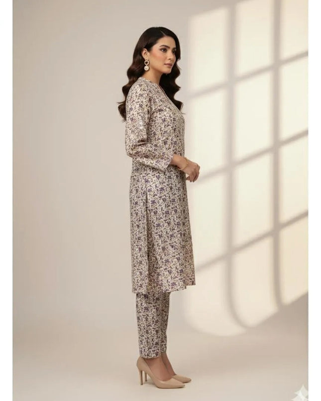 2-Pcs Katan Silk Unstitched Allover Printed Suit for Women – Premium Soft Fabric Shirt & Trouser Dress Material for Casual & Formal Wear