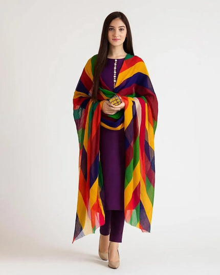 Unstitched 3-Pcs Katan Silk Suit with Multi-Color Organza Chunri Dupatta for Women – Premium Party Wear Dress Material