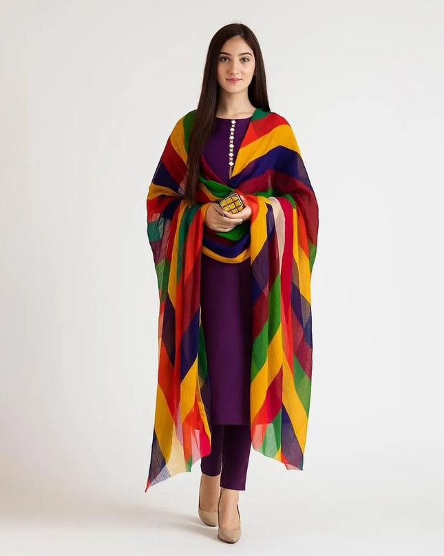 Unstitched 3-Pcs Katan Silk Suit with Multi-Color Organza Chunri Dupatta for Women – Premium Party Wear Dress Material