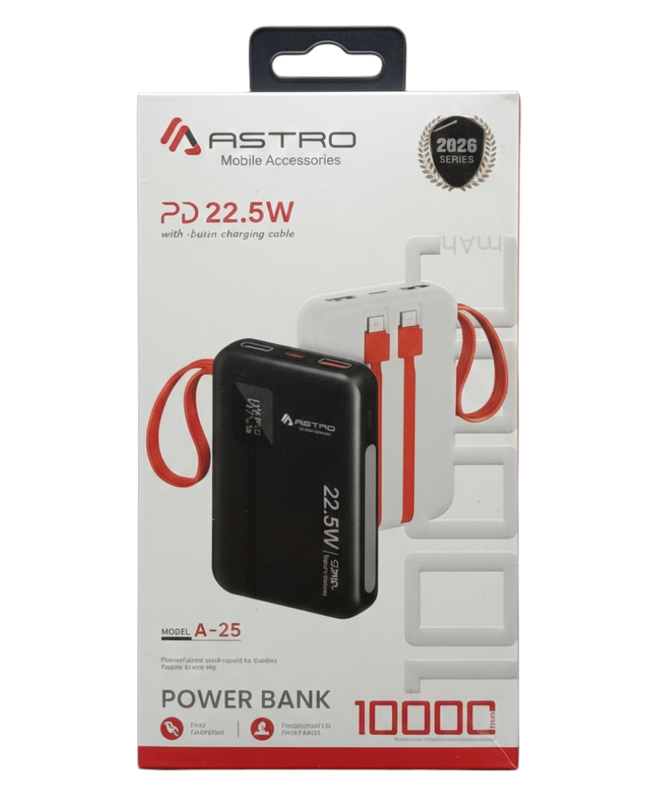 Astro A25 PD Fast Charging Power Bank – Compact Power, Imported Quality