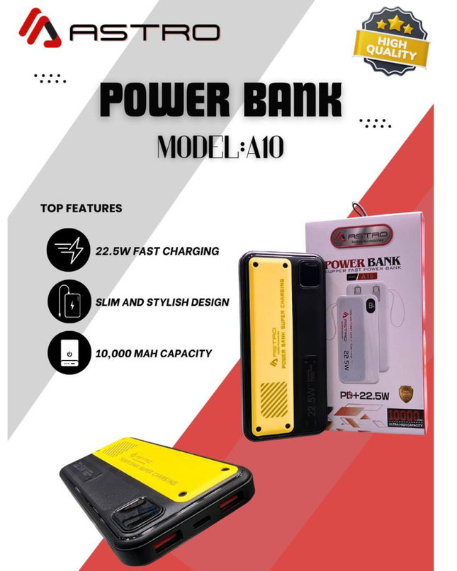 Astro A10 22.5W PD Fast Charging Power Bank | 10,000mAh Ultra High Capacity | Slim & Stylish Design