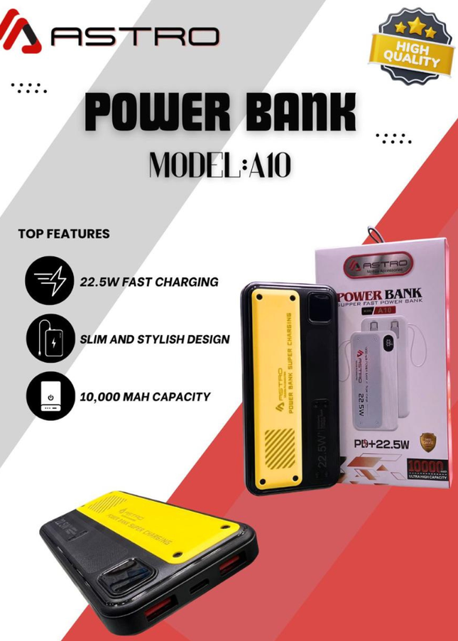 Astro A10 22.5W PD Fast Charging Power Bank | 10,000mAh Ultra High Capacity | Slim & Stylish Design