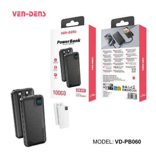 VEN-DENS 10,000mAh Power Bank: UK Design | 22.5W PD Fast Charge | Built-in Cables | Digital Display | 1-Year Warranty | Free Delivery