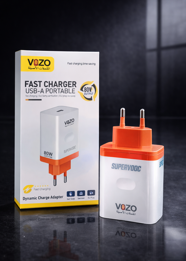VOZO 80W Fast Charger USB-A Portable | Super Fast Charging Adapter (EU Plug)
