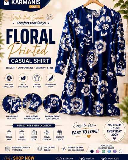Women's Navy Blue Floral Printed Cotton Kurti – Full Sleeves | Casual & Comfortable