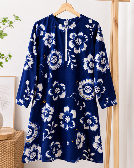 Women's Navy Blue Floral Printed Cotton Kurti – Full Sleeves | Casual & Comfortable