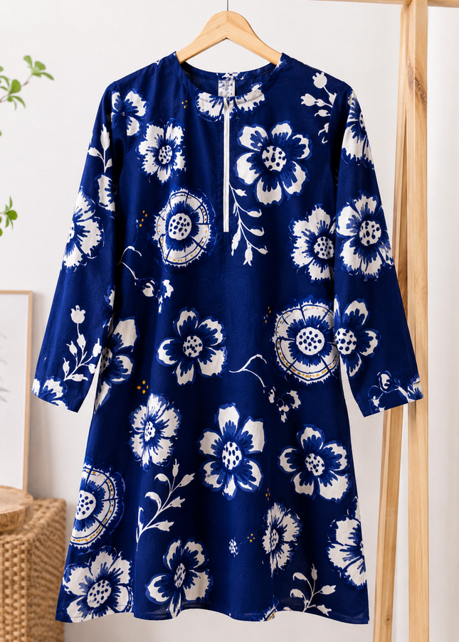 Women's Navy Blue Floral Printed Cotton Kurti – Full Sleeves | Casual & Comfortable