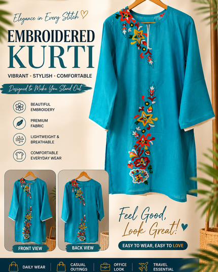 Women's Turquoise Embroidered Cotton Kurti – Full Sleeves | Casual & Elegant