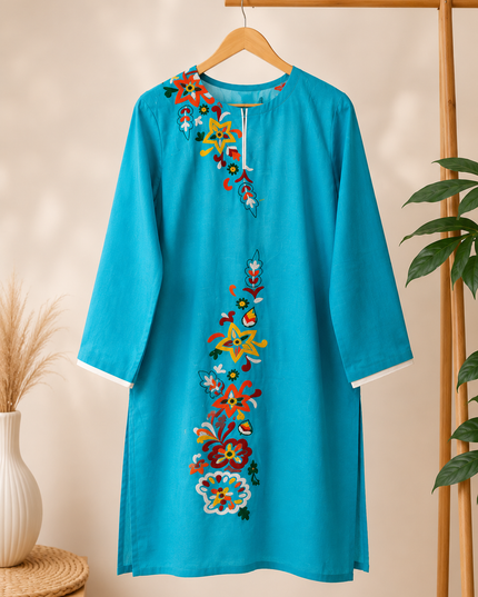 Women's Turquoise Embroidered Cotton Kurti – Full Sleeves | Casual & Elegant