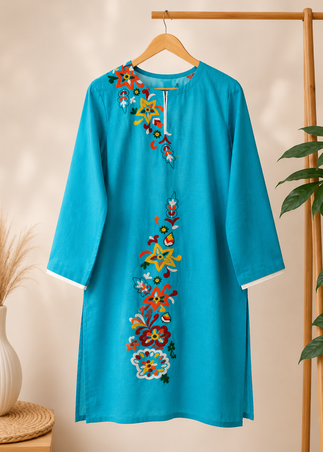 Women's Turquoise Embroidered Cotton Kurti – Full Sleeves | Casual & Elegant