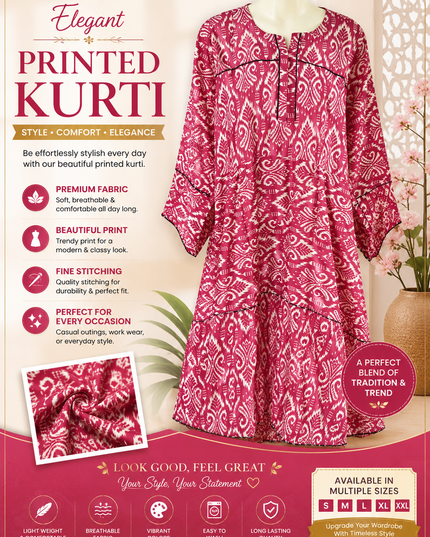 Women's Maroon Printed Flared Kurti – Soft Comfortable Casual Wear