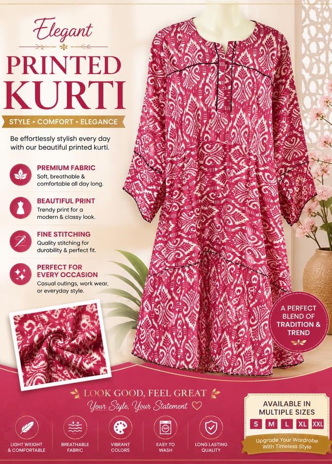 Women's Maroon Printed Flared Kurti – Soft Comfortable Casual Wear