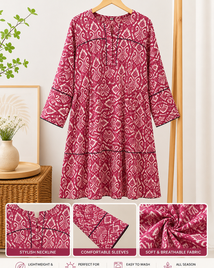Women's Maroon Printed Flared Kurti – Soft Comfortable Casual Wear