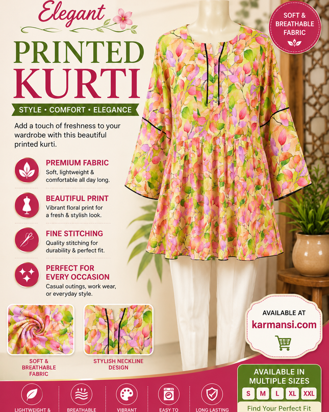 Women's Floral Printed Short Kurti – Soft Casual Daily Wear | Multicolor