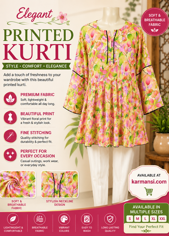 Women's Floral Printed Short Kurti – Soft Casual Daily Wear | Multicolor