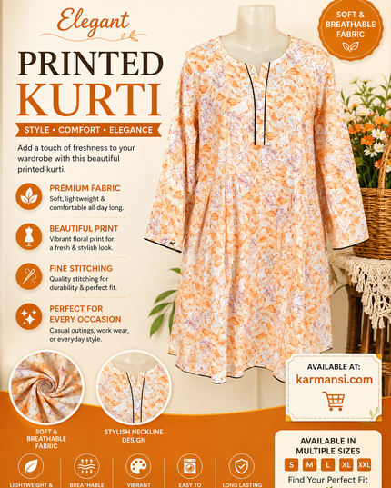 Women's Peach Floral Printed Short Kurti – Soft Casual Everyday Wear
