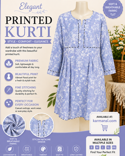 Elegant Blue Floral Printed Women's Kurti – Soft Cotton Casual Wear