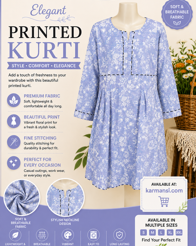 Elegant Blue Floral Printed Women's Kurti – Soft Cotton Casual Wear