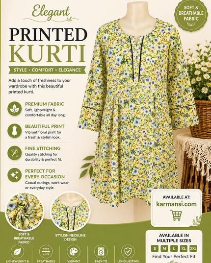 Elegant Yellow Floral Printed Women's Kurti – Soft & Breathable Casual Wear