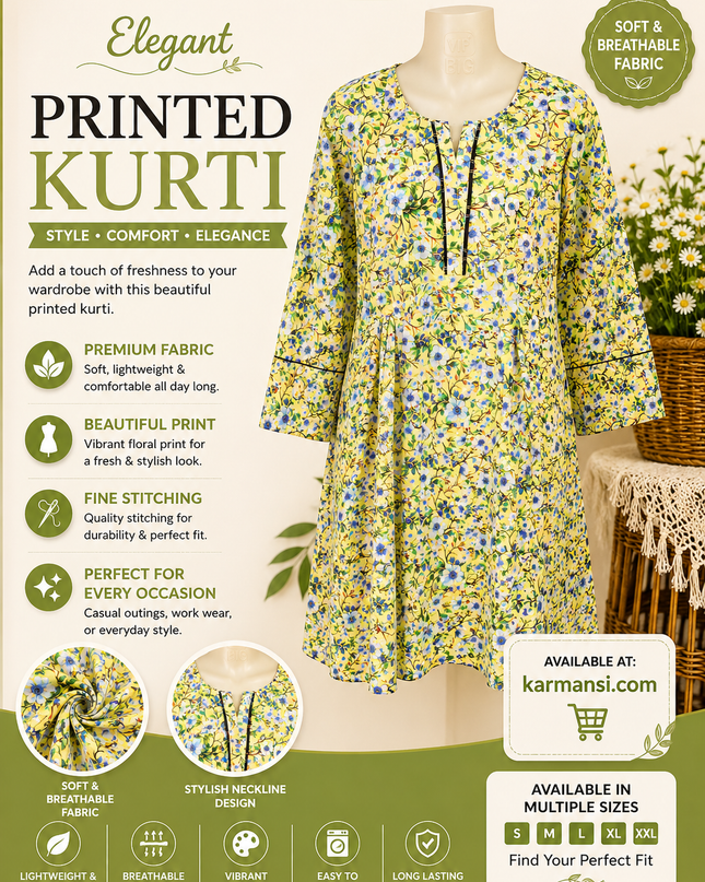 Elegant Yellow Floral Printed Women's Kurti – Soft & Breathable Casual Wear